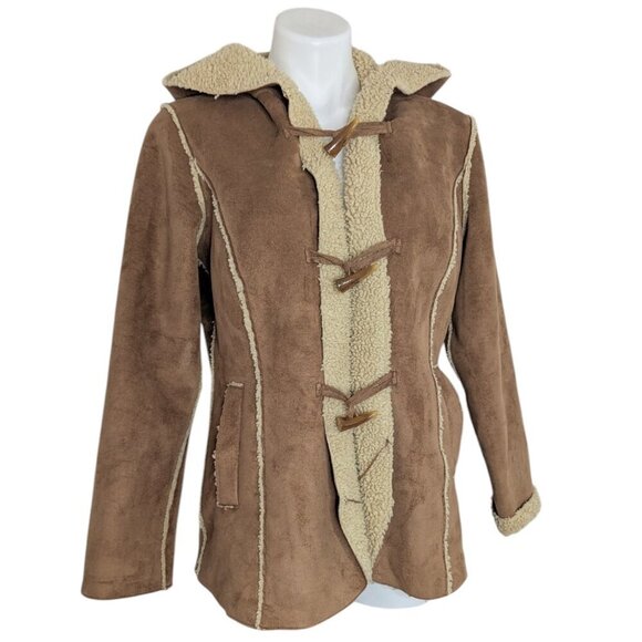 Tan Brown Sherpa Lined Faux Suede Toggle Closure Hooded Coat - Picture 1 of 6